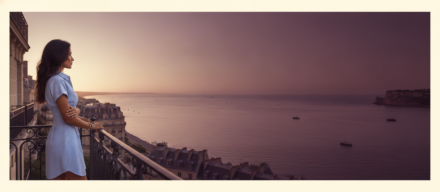 Woman in classic tailored outfit on a chic Parisian-style balcony overlooking a coastal landscape at sunset.