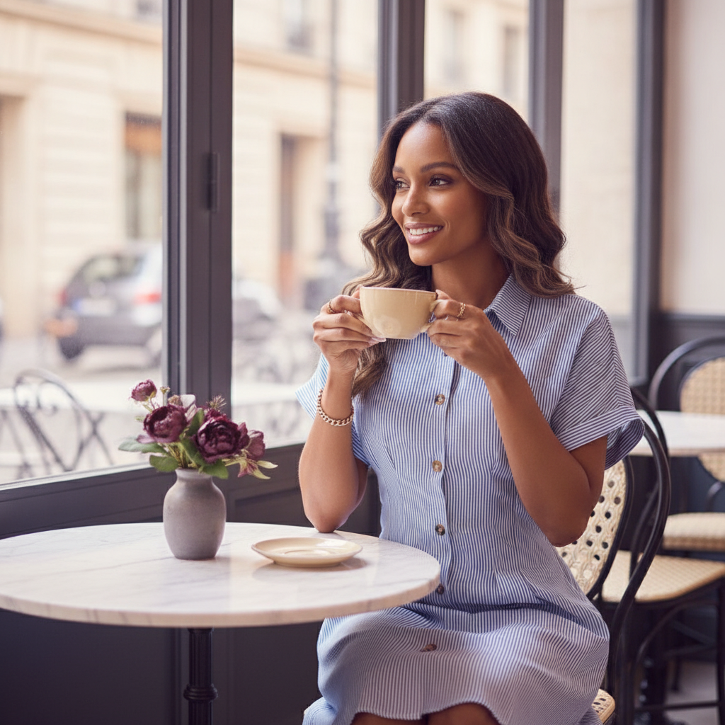 A smiling woman in her 20s or 30s sips coffee in a Parisian cafe, showcasing the Élanoire garment. A plum flower accent is on